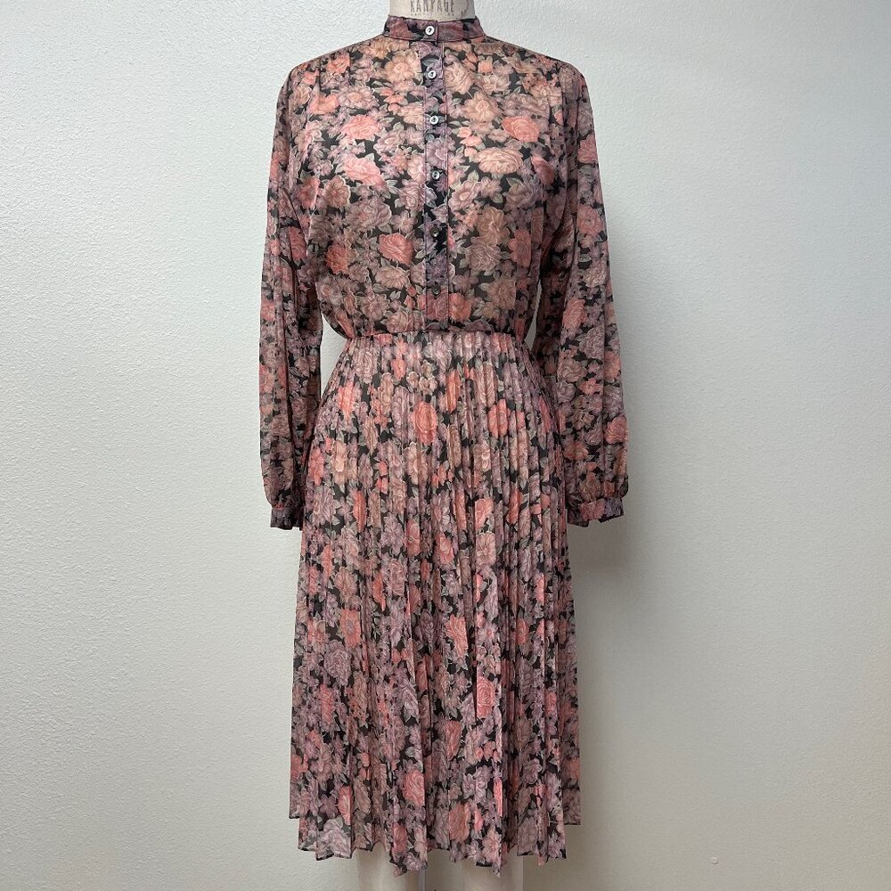 EUC Vintage 70s Sheer Floral Accordion Pleated Full Skirt Dress Medium